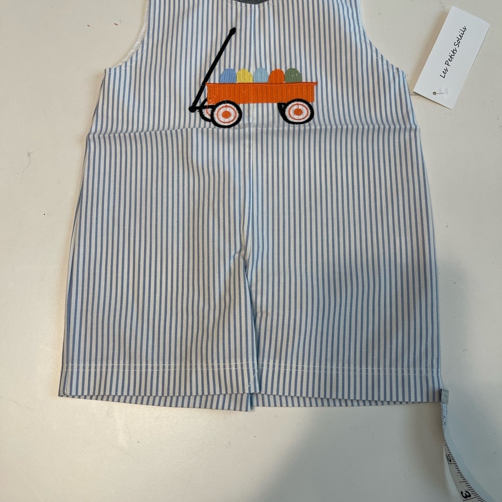 Easter Kids Blue Striped Romper with Embroidered Eggs in Wagon Design